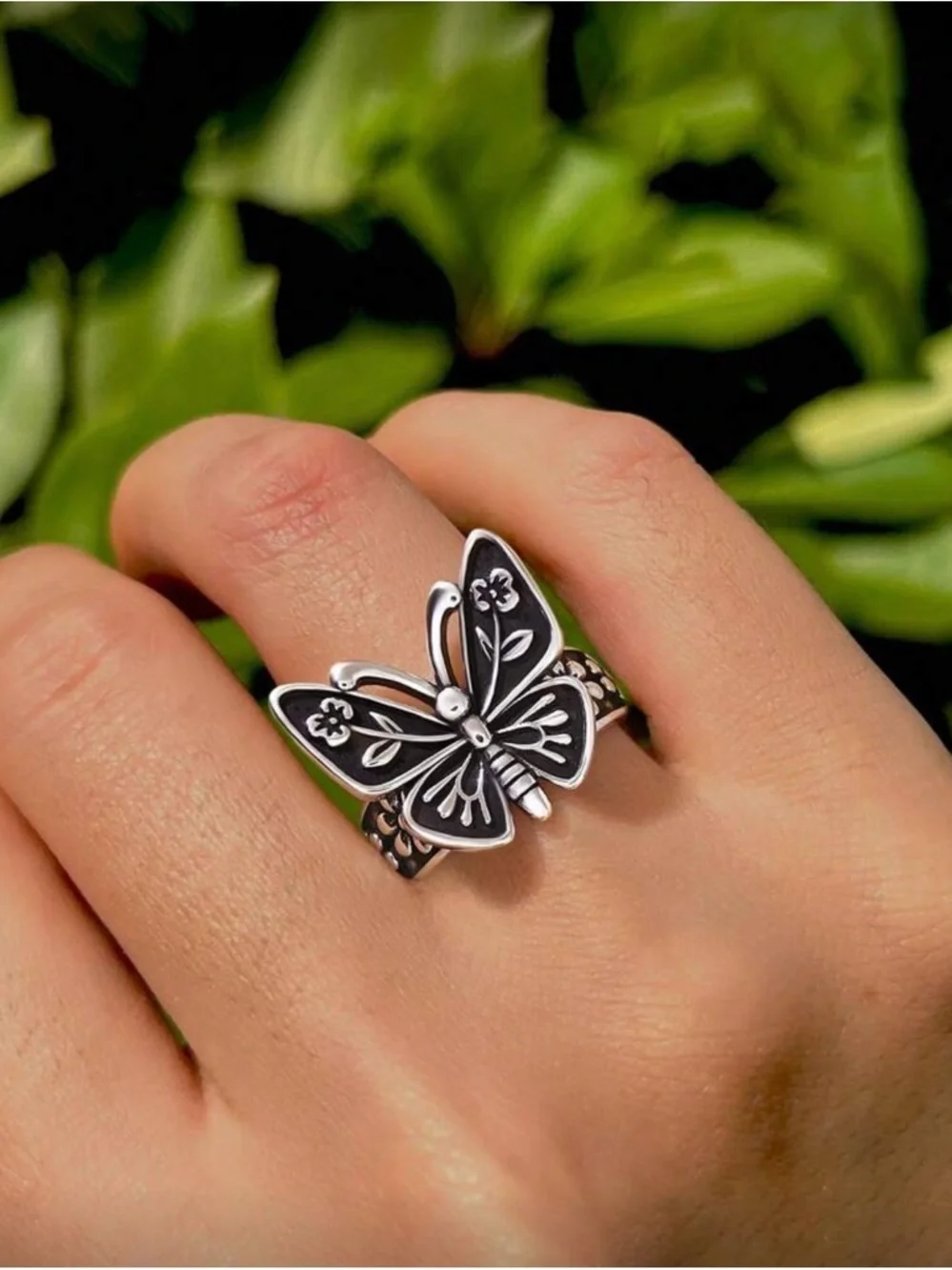 🌺 New Sterling Silver Butterfly Statement Ring - Black & Silver #8